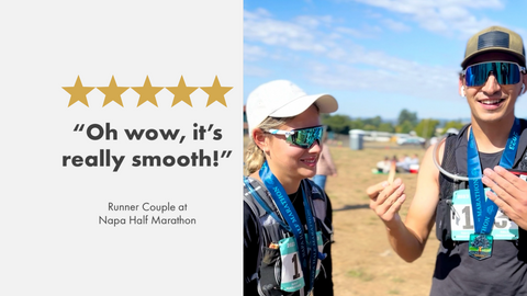 Runner Couple Tasting Chocolate Energy Pod at Napa Half Marathon